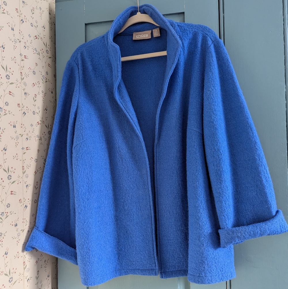 Chico's Blazer Teddy Jacket Soft Wool Holidays Royal blue Open Style Statement